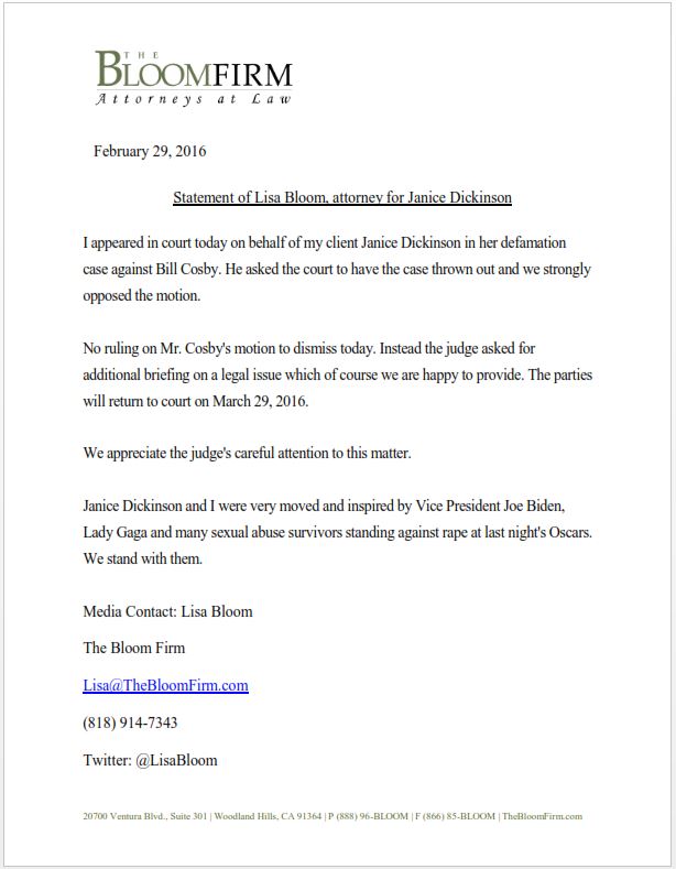 Statement of Lisa Bloom, attorney for Janice Dickinson