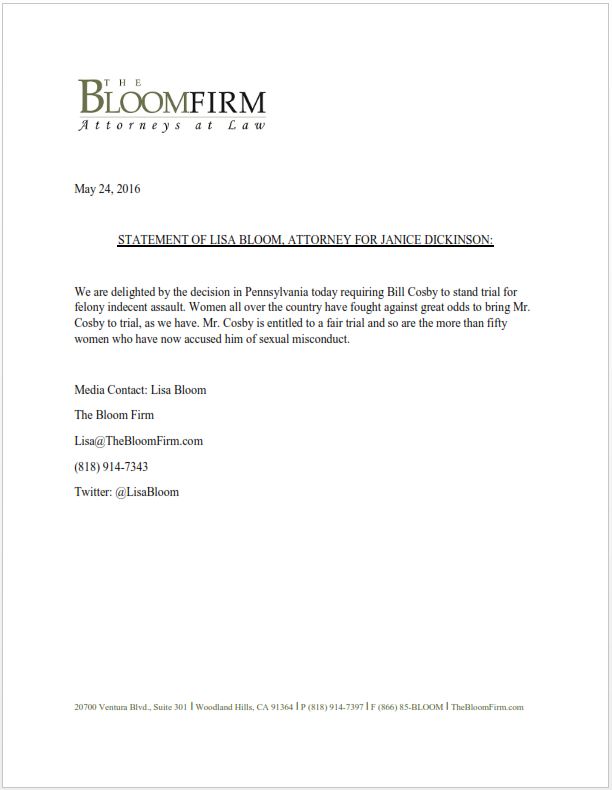 STATEMENT OF LISA BLOOM, ATTORNEY FOR JANICE DICKINSON