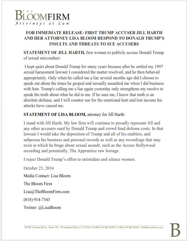 Press Release: Jill Harth and Lisa Bloom respond to Trump’s insults and threats