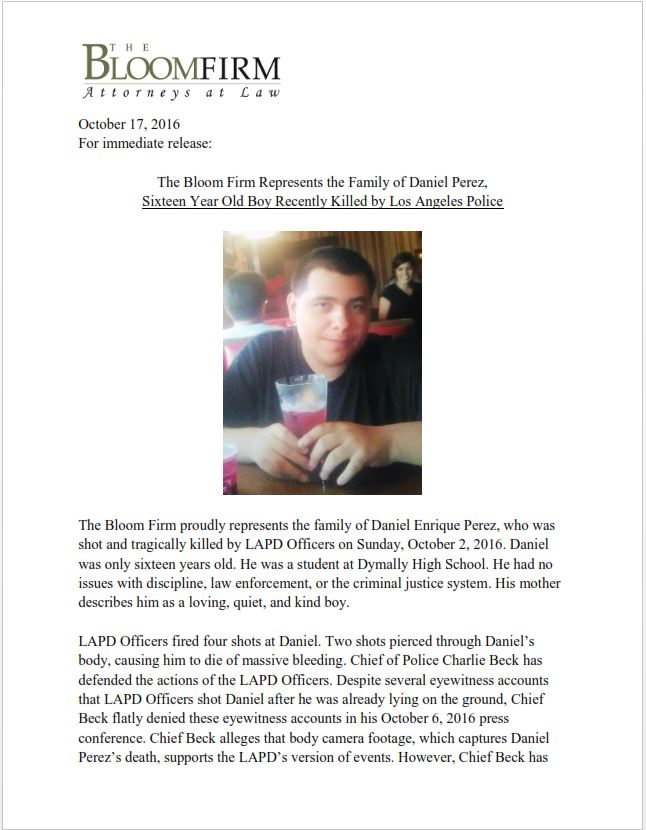 Statement of The Bloom Firm, Attorneys for the Family of Daniel Perez